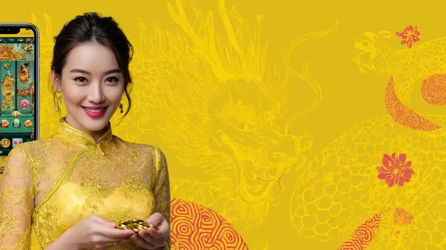 ผู้หญิงยิ้มพร้อมถือเหรียญทองในมือและฉากหลังมังกร