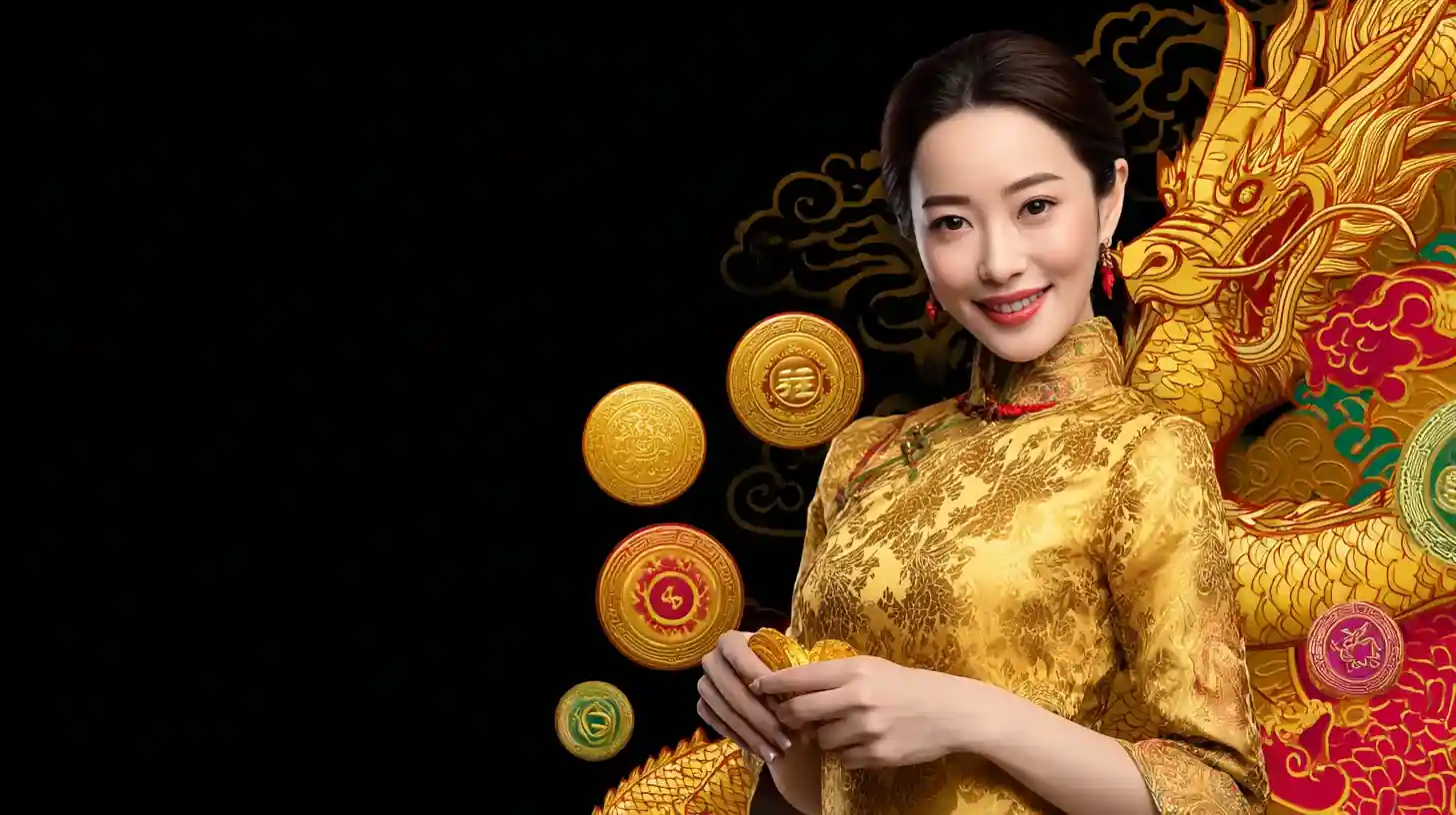 ผู้หญิงในชุดพื้นเมืองทองถือเหรียญจีนสีทอง