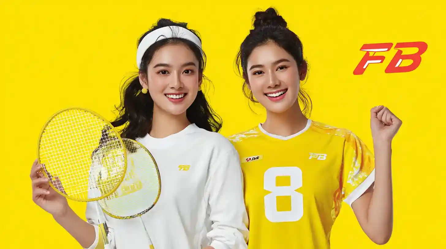 หญิงสองคนยิ้มสวมเสื้อกีฬาและถือแร็กเก็ตแบดมินตัน